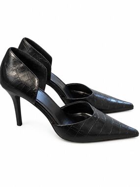 Pointed Croc-Embossed Heels in Black